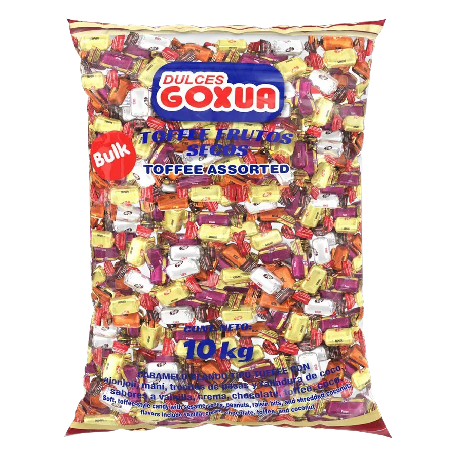 Toffee Frutos Secos Bulk 10 kg — Assorted toffee, bulk — coconut, sesame, raisin and peanut, 10 kg