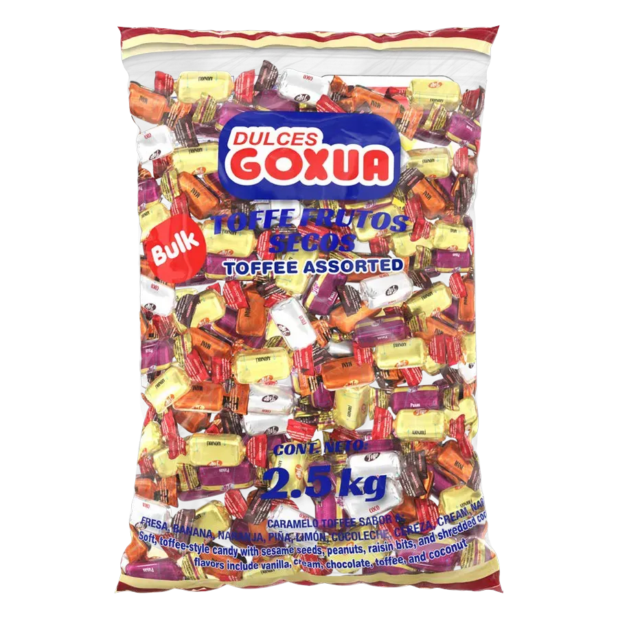 Toffee Frutos Secos Bulk 2.5 kg — Assorted toffee, bulk — coconut, sesame, raisin and peanut, 2.5 kg