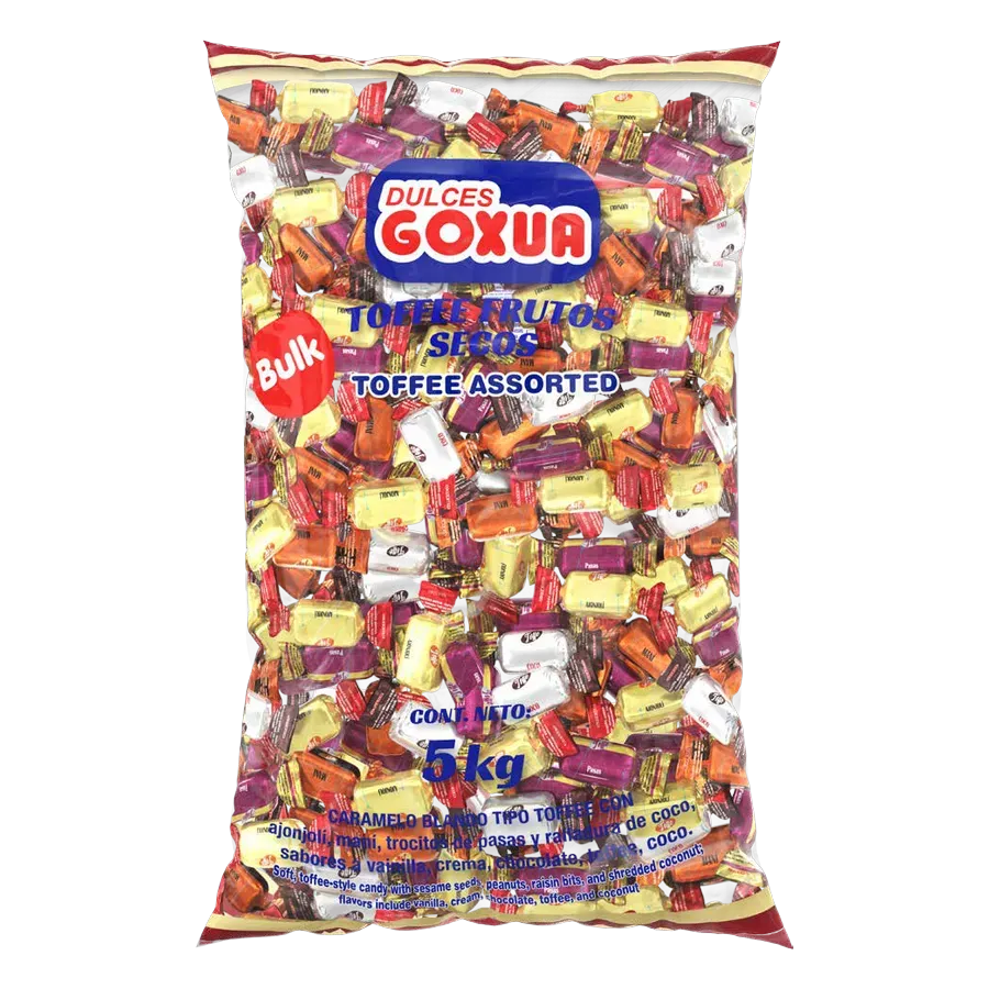 Toffee Frutos Secos Bulk 5 kg — Assorted toffee, bulk — coconut, sesame, raisin and peanut, 5 kg